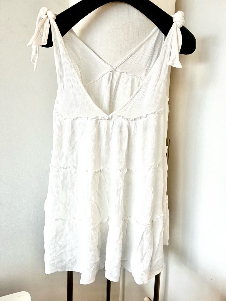 White Sleeveless Ruffle Beach Dress Or Swim Cover Up Large, Tie Shoulder Straps